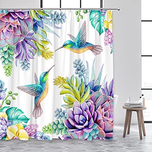 Jjnaee Bird Flower Shower Curtain Hummingbird Succulents Purple Floral Vintage Garden Nature Summer Tropical Plant Bathroom Decor Polyester Fabric Curtains With Hooks 70 X 70 Inch #TOP4