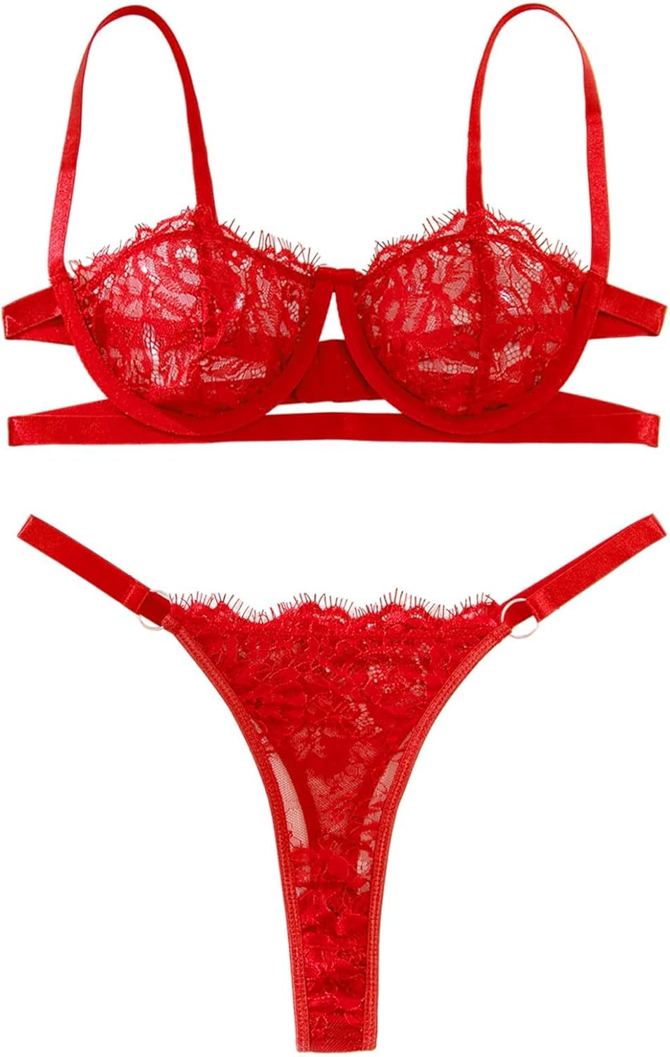 Lilosy Sexy Eyelash Underwire Floral Lace Sheer O Ring Linked Cutout Lingerie Set