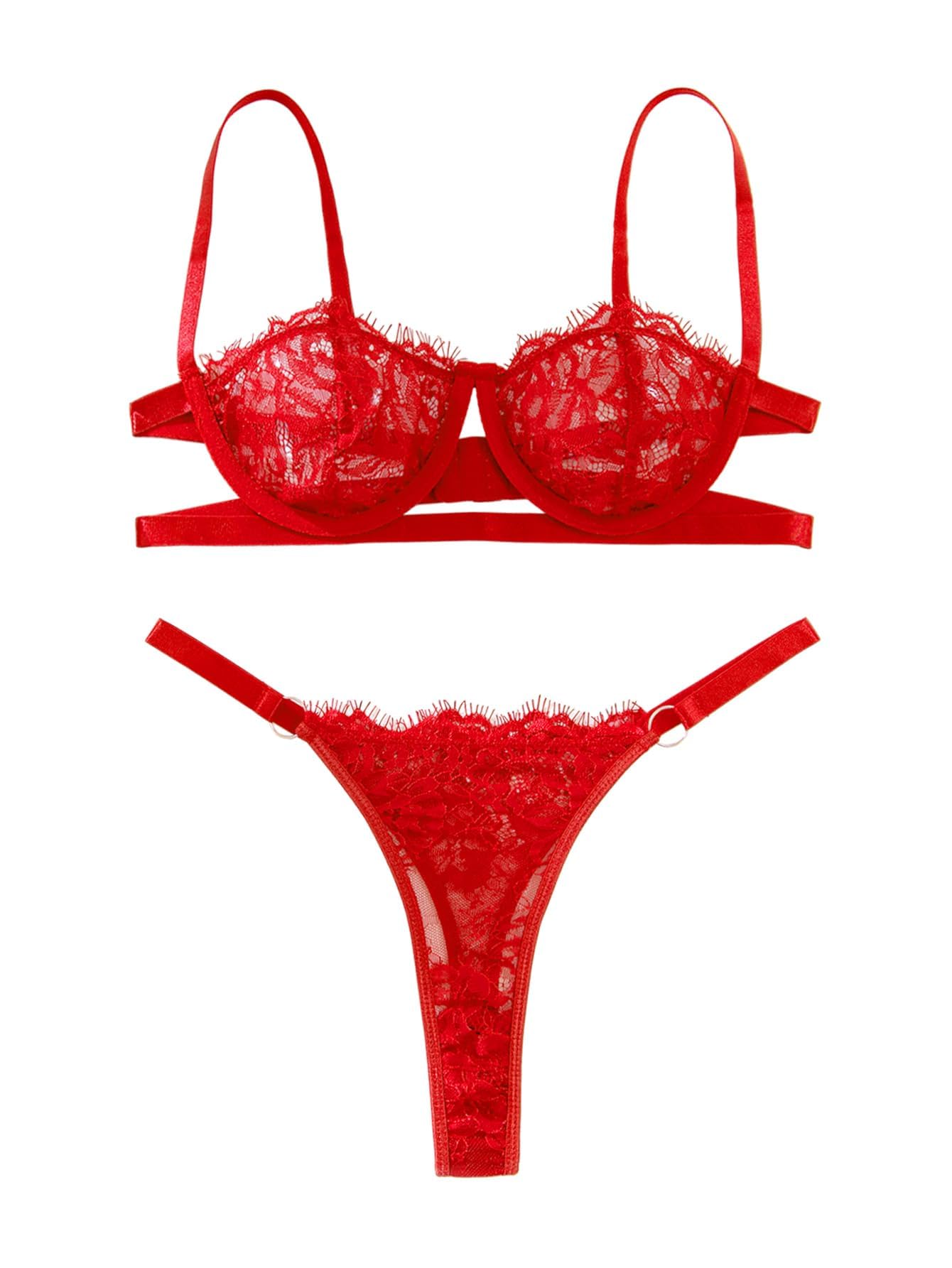 Lilosy Sexy Eyelash Underwire Floral Lace Sheer O Ring Linked Cutout Lingerie Set 2 Piece
