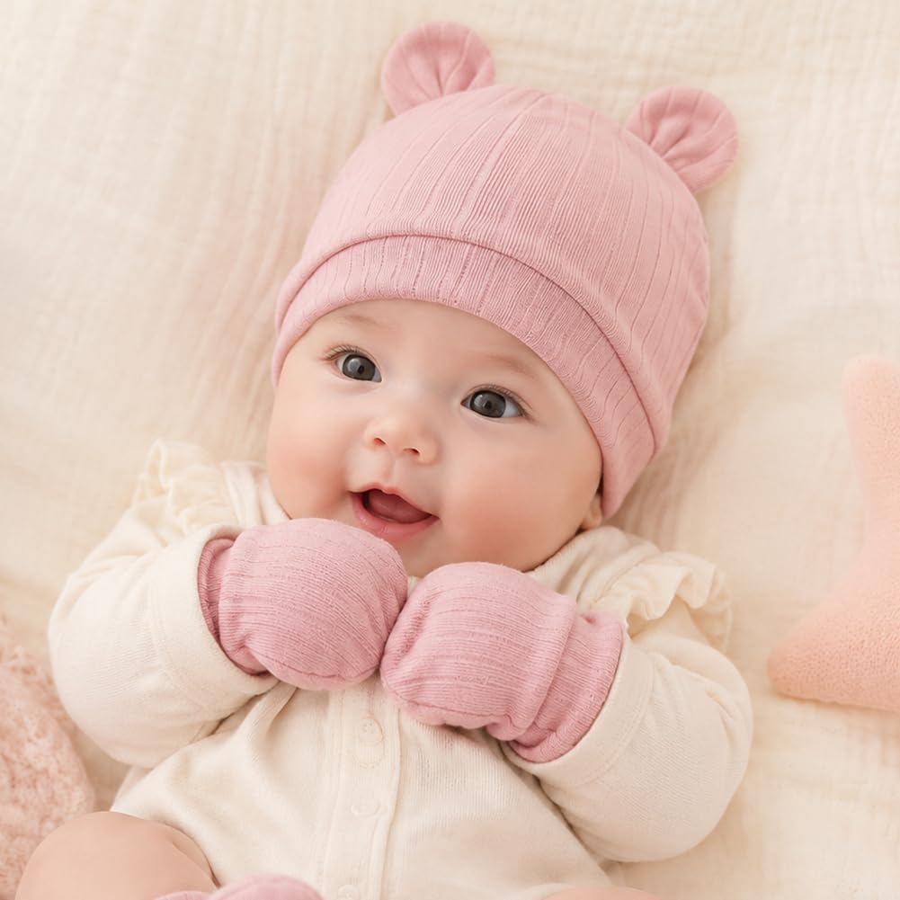 Baby Hats and Mittens Bear Ears Newborn Infant Hat Mittens Gloves Set Hospital Beanie Caps for Boys Girls