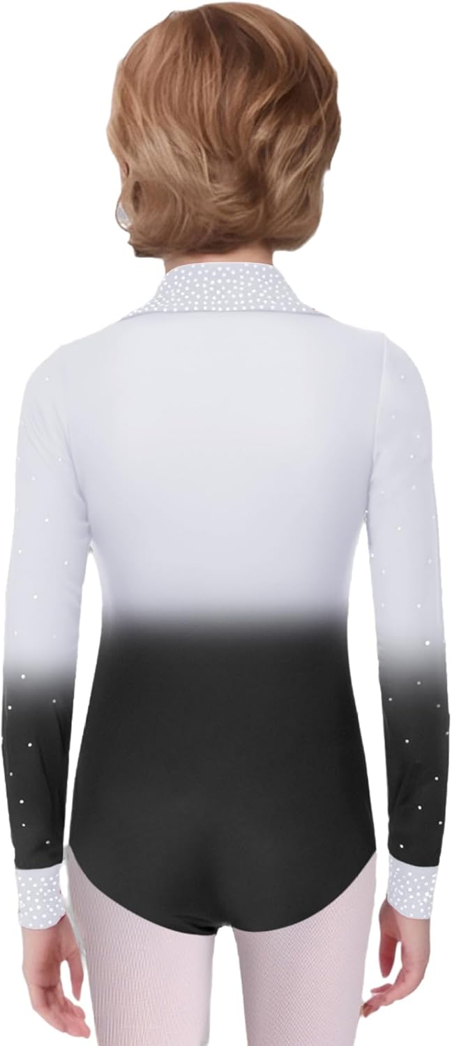 Kids Boys Latin Dance Outfit Long Sleeve Rhinestones Gradient Gymnastics Leotard with Bell Bottom Pants
