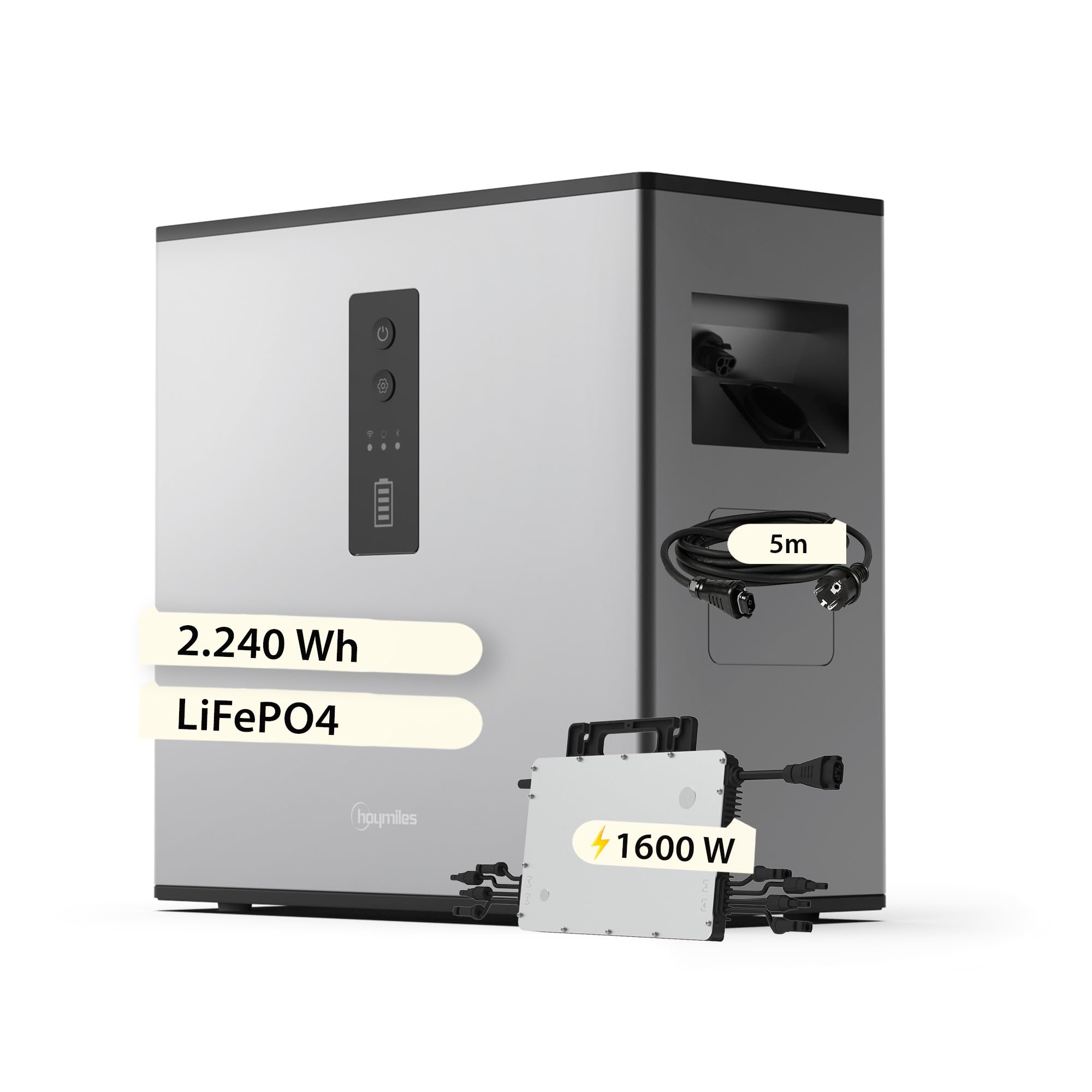 Hoymiles MS-A2 Solarbatterie 2.240Wh - 1600W 4T HMS Wechselrichter - Solarspeicher-Set für Balkonkraftwerke - LiFePo4-5m AC-Kabel - Langlebig & Sicher