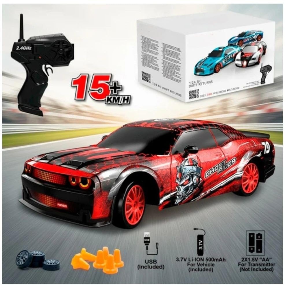 Image of Rc Drift Remote Control Car 1:24 Scale, High-Speed, 4Wd, Lights, Rechargeable Racing Car, Drifting Tires, 2.4Ghz, for Kids (RC Ghost Drift - Multicolor)