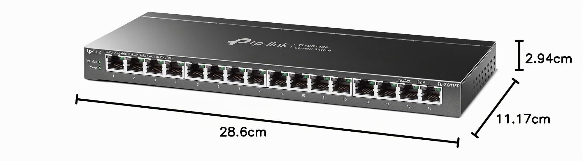 TP-Link Switch di rete desktop Gigabit a 16 porte TL-SG116P, splitter Ethernet PoE+ a 16 porte dedicato, budget di potenza totale 120 W, trasmissione fino a 250 m, switch PoE design fanless, involucro