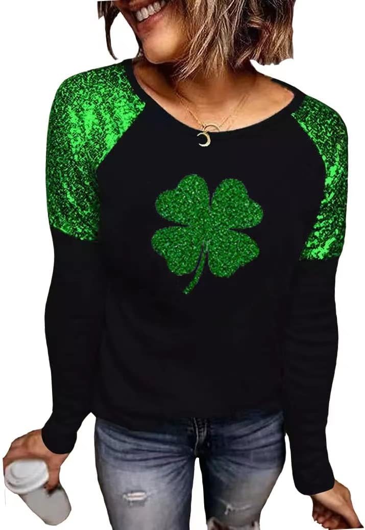 St. Patrick's Day T-Shirt Womens Funny Shamrock Printed Sequined Splicing Sleeve Casual Lucky Clover Heart Graphic Tee Tops image 3