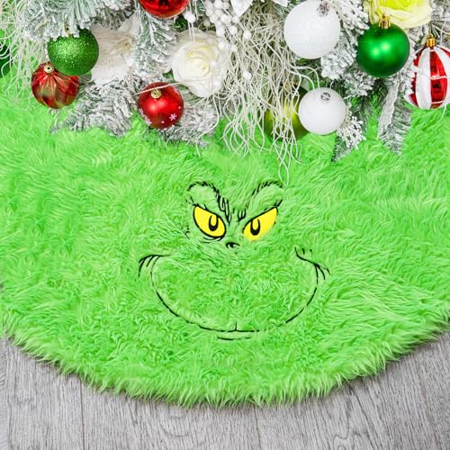 Decxmas 48 inch Green Christmas Tree Skirt for 6-7 ft Tree Soft Plush Faux Fur Christmas-Tree-Skirt Funny Velvet Farmhouse Tree Skirt Decorations for Helloween Xmas Holiday Party