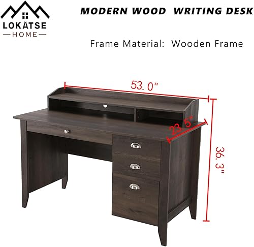 Miniatura 3 de LOKATSE HOME Escritorio ejecutivo de madera con cajones, oficina en casa, escritorio de estudio con gabinete, color marrón oscuro