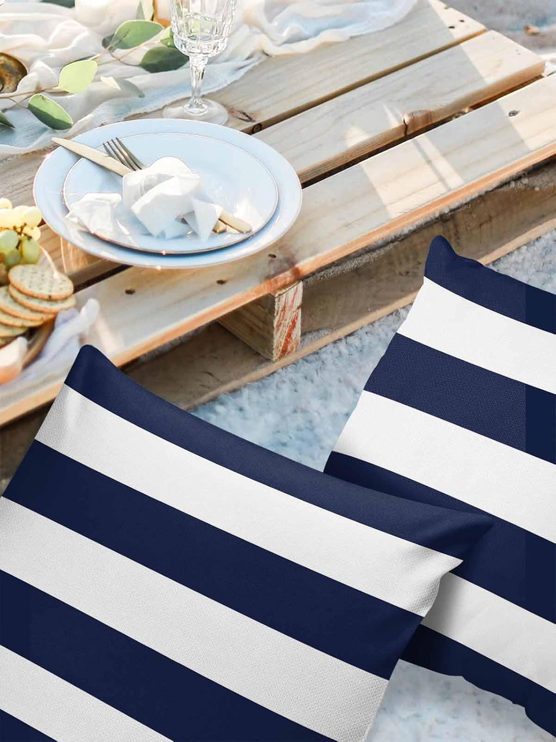 Custom Bed USA Nautical Stripe Outdoor Waterproof Throw Pillow Covers, Decorative Pillowcases Polyester Cushion Covers for Garden Patio Tent Sofa Couch Pack of 2 20x20 inch, Navy Blue White Stripes