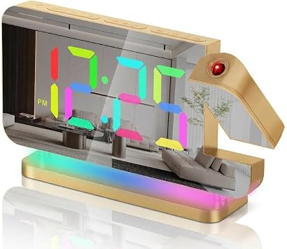 Sukeen Projection Alarm Clock,7.4" LED Mirror Digital Clocks Large Display,with 180  Rotatable Projector,RGB Night Light,USB C Port,Auto Dimmer,Desk Clock for Heavy Sleeper Bedroom Teens Adults Girl