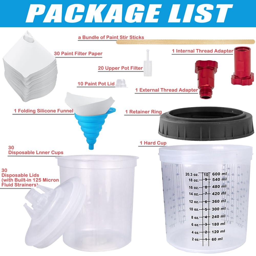 Tazza di Vernice Usa e Getta per Pistola a Spruzzo HVLP e LVLP, Kit Bicchieri per Miscelazione Vernici da 600 ML con 30 Tazze e Coperchi, 30 Filtri, 10 Tappi e 2 Adattatori per Bicchieri