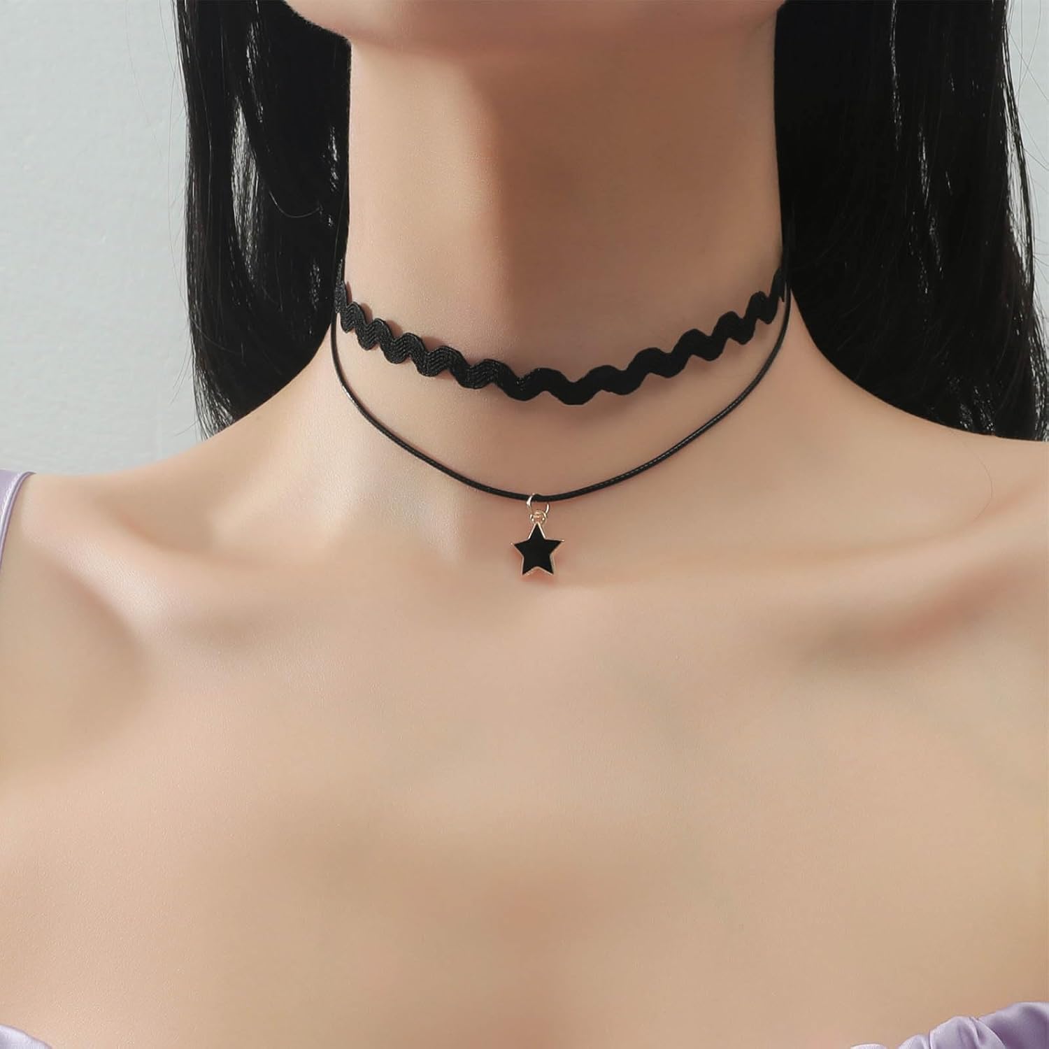 Vintage Layered Black Wave Velvet Choker Necklace Enamel Star Pendant Necklace Black Star Choker Short Leather Boho Suede Clavicle Jewelry for Women - Image 2