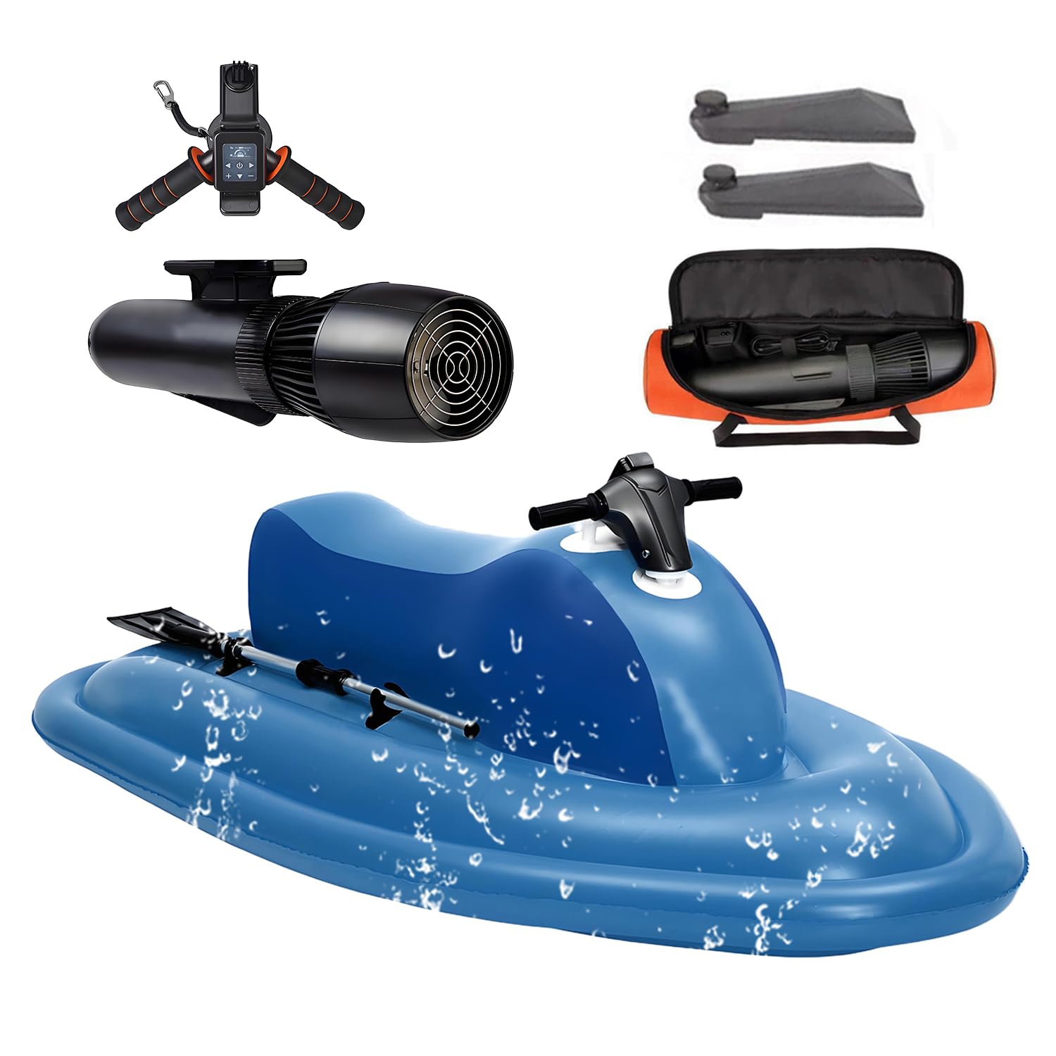 Moto acuática inflable eléctrica, kit de bote combinado inflable con motor SUP, propulsor a control remoto, bolsa de almacenamiento para asa y propulsor, capacidad máxima de 330 lb,500W10A