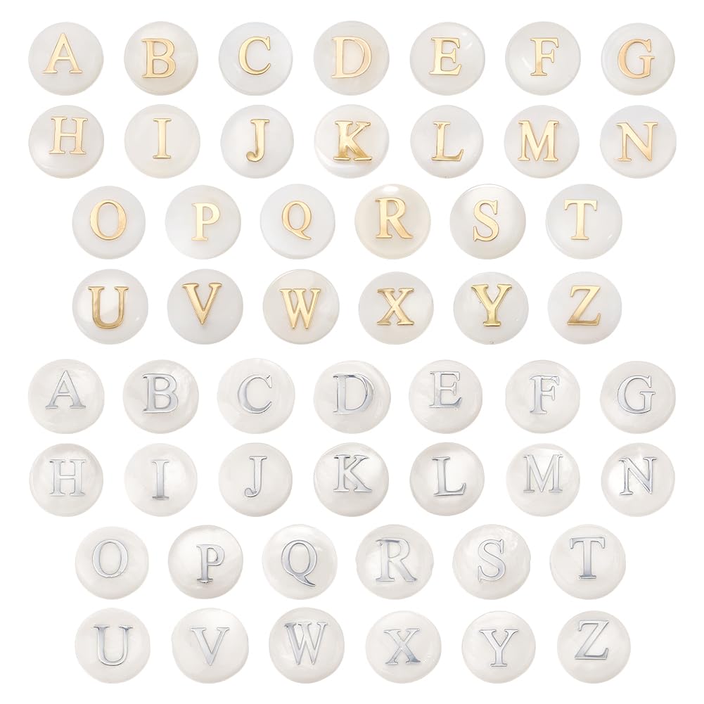 PH PandaHall 2 Colors 52pcs Alphabet A-Z Beads 8mm Natural Shell Beads Seashell Letters Bead Flat Round Bracelets Bead with Letter Initial for Jewellery Making DIY Craft Summer Necklaces Earring