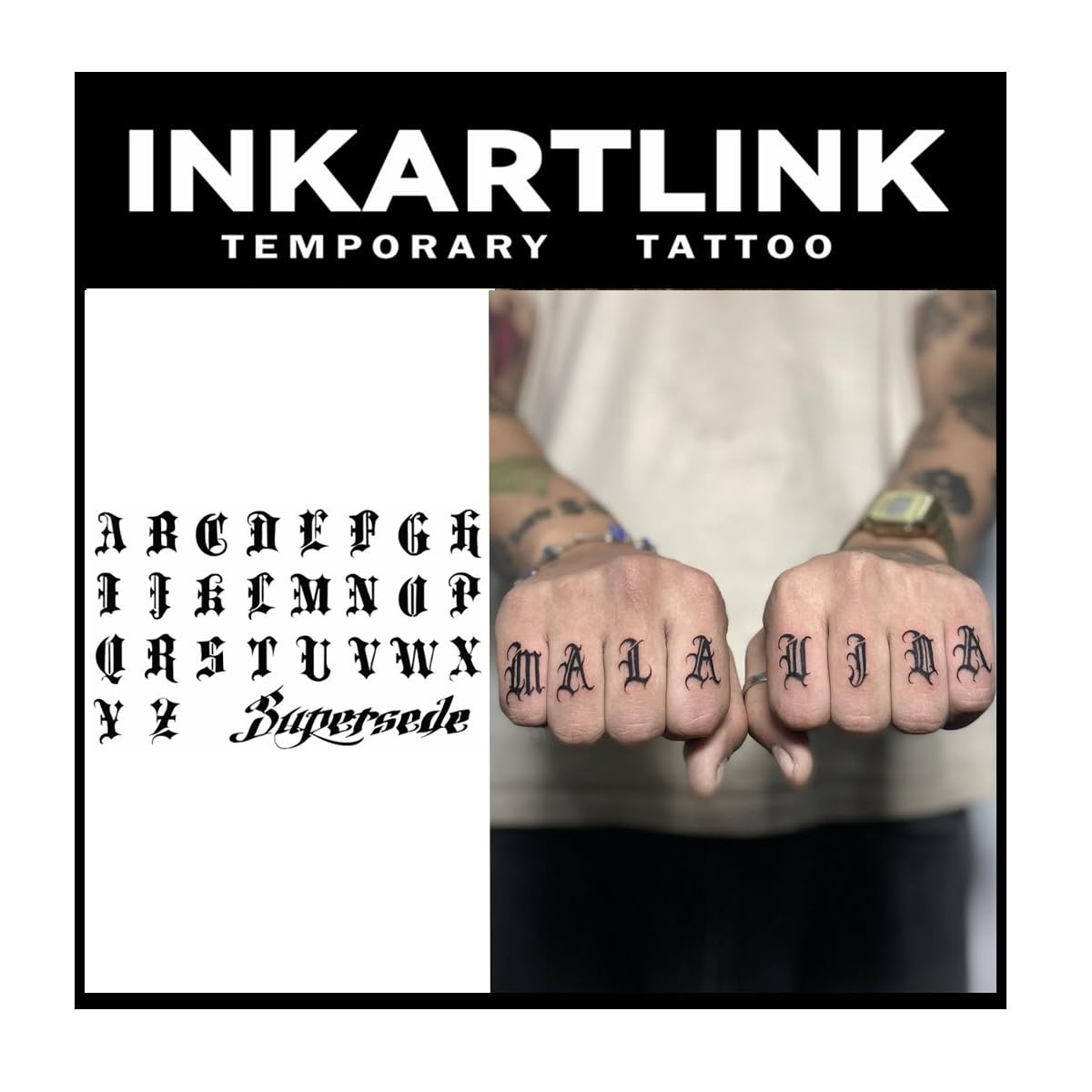 Tattoo Tech,2 Sheets Extra-Large Semi Permanent Tattoo,Adult Art Design Temporary Tattoos, Lasts 1-2 Weeks, Waterproof, Realistic look, No Adhesive, No reflection (Gothic Alphabet Design）