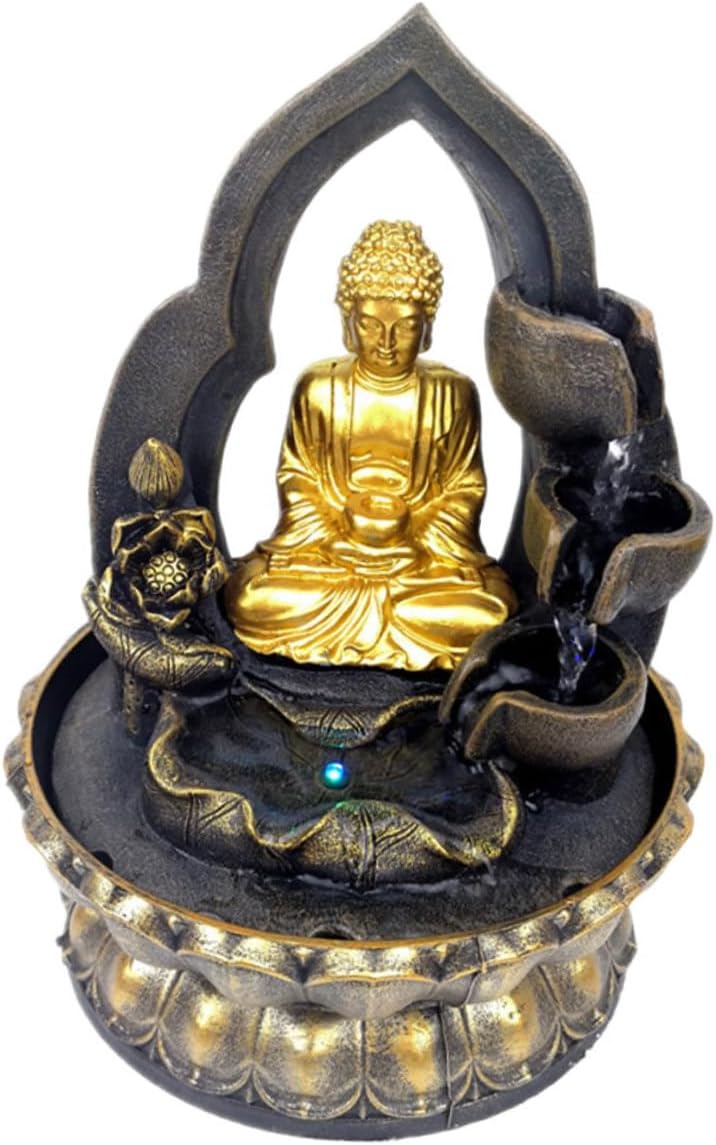 Resin Buddha Waterfall Fountain Tabletop Ornament Indoor Desktop Garden Decor Chinese-Style Relaxing Meditation Sculpture with Flowing Water for Home Office