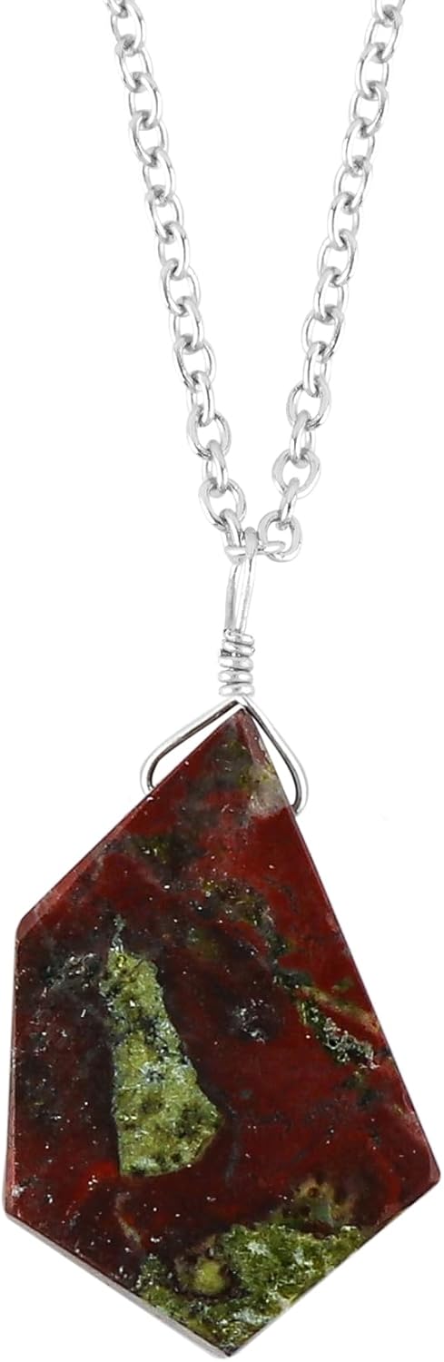 NJCRAFT Natural Dragon Bloodstone Jasper Gemstone Dainty Pendant Necklace, Handcrafted Fancy Jewelry, Chakra Stones, Healing Crystals, Adjustable Silver Plated Chain, Gift for Womem, 18 Inch