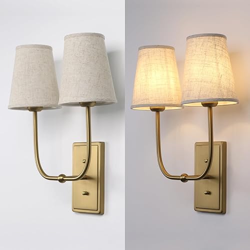 Miniatura 7 de Apliques de pared vintage de 2 luces con embudo de tela de lino, lámpara de tocador de baño de doble cabezal, lámparas de pared interiores para