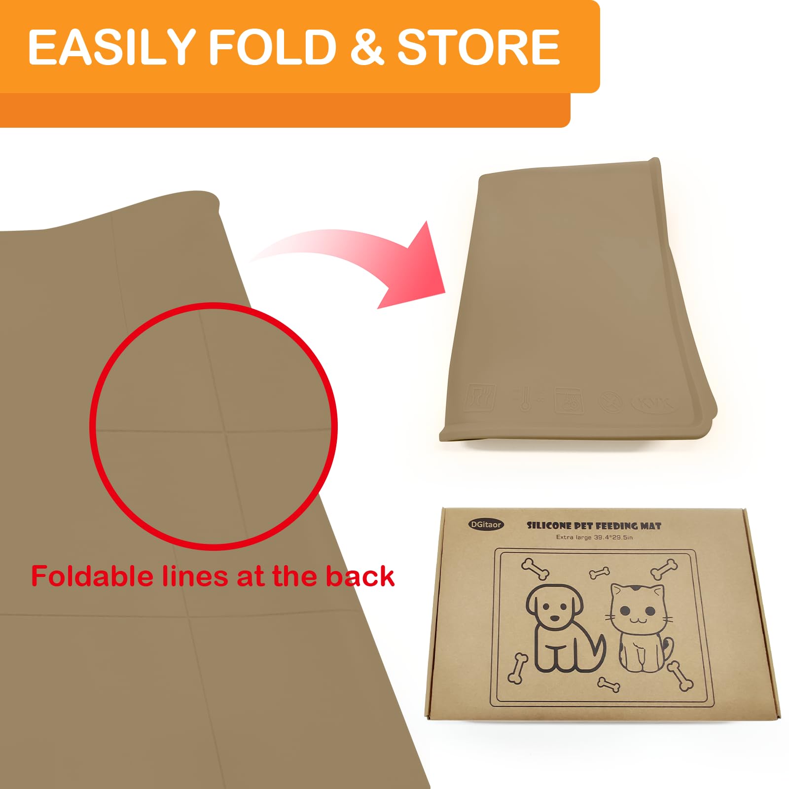 Hundefuttermatte für Futter und Wasser, wasserdichte Silikon-Haustier-Futtermatte für Böden mit zusammenklappbarem Katzen- und Hundenapf für Reisen, extra groß, 100 x 75 cm, Khaki
