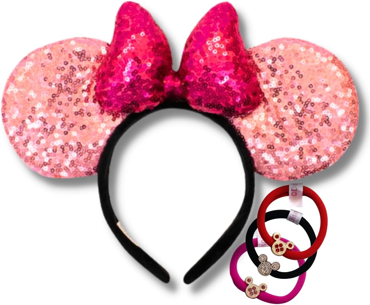 Tiara Minnie Orelha KIT Arquinho Arco Diadema Orelhinha Coroa Brilhante + 1 Elastico de Cabelo (Rosa)