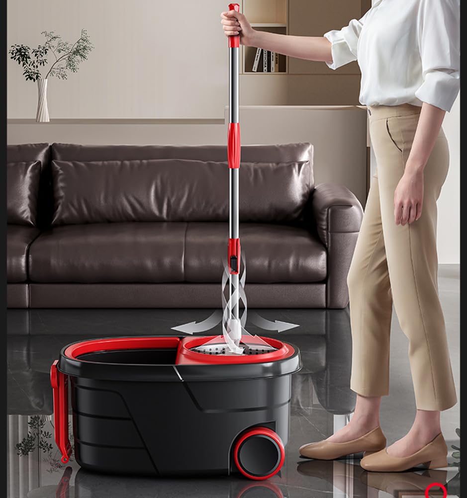 Fregonas Fregona de Limpieza de Microfibra con Cabezales giratorios, Juego de Cubo y fregona con Mango Ajustable, fregona escurridora con función de deshidratación,