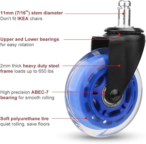 Miniatura 9 de Juego de 5 ruedas para silla de oficina de 3.0in de alta resistencia, ruedas de repuesto con ajuste universal, seguras para suelos de madera,