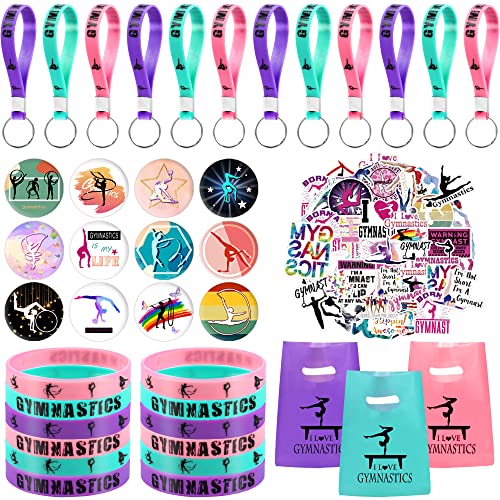 BANBALLON 98 Gymnastics Party Favors Gymnastics Keychain Goodie Bags with Rubber Bracelets Button Pins Bags and Stickers for Gymnastics Theme Birthday Party Supplies Baby Shower Holiday
