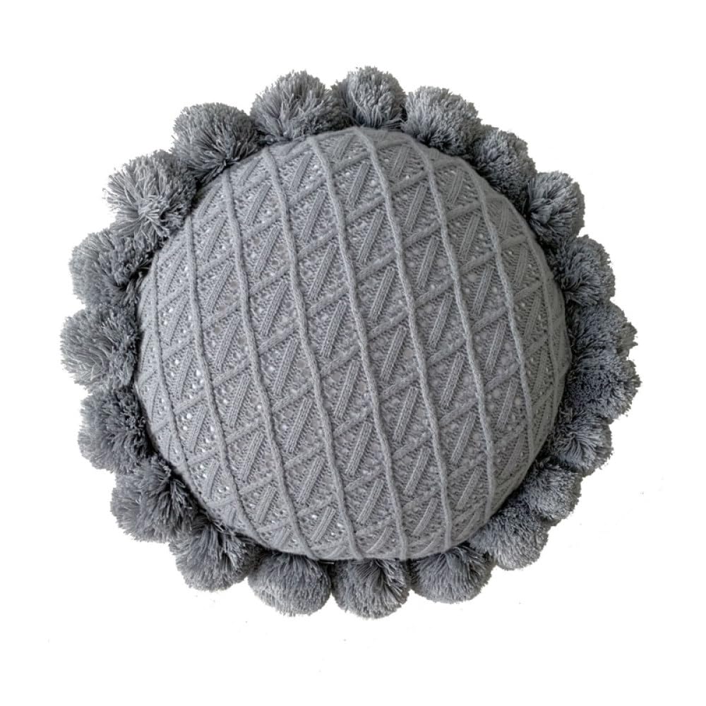 Lindo cojín Redondo con borlas y Pompones, Almohada Decorativa para decoración del hogar para Cama, sofá, Silla de Punto esponjosa, cojín para Coche, Gris, 50x50cm
