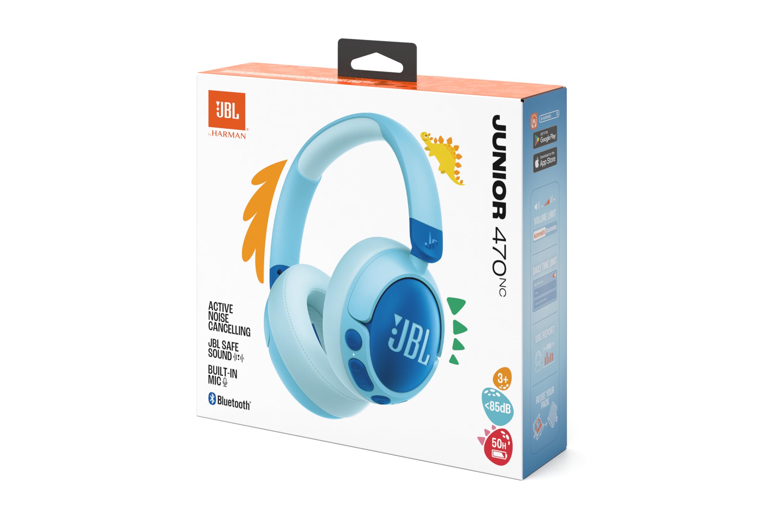 JBL Junior 470 NC, Kabellose Over-Ear Bluetooth-Kopfhörer mit Active-Noise-Cancelling für Kinder, Mikrofon, 50 h Wiedergabe, JBL Safe Sound, geringer Lautstärke, simpler Bedienung und Stickern, Blau