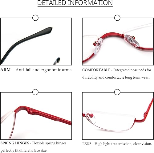 Miniatura 5 de KoKoBin Lentes de lectura de media montura de metal, con bisagra de resorte y bolsa de cuero para hombres y mujeres