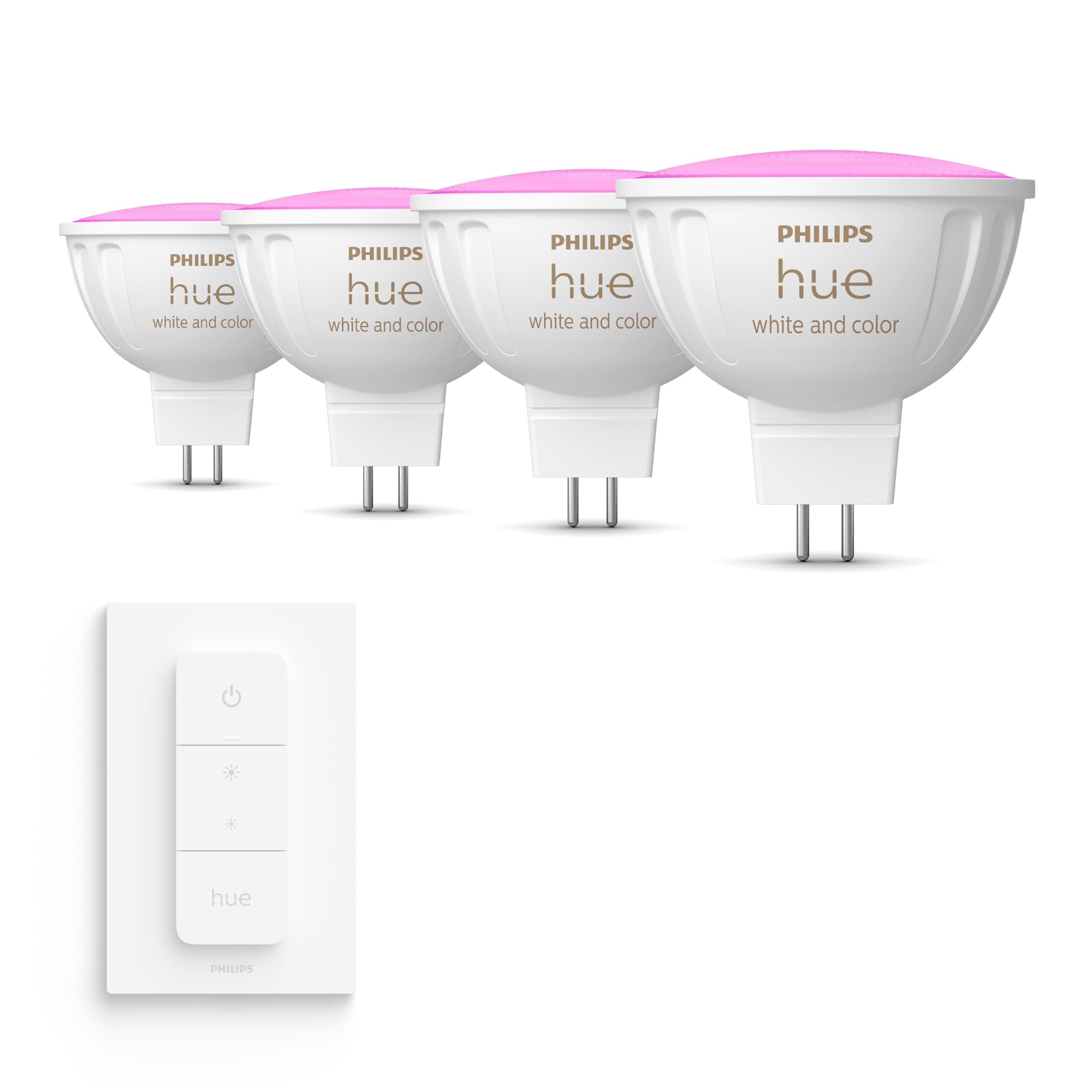 Philips Hue Vorteilspaket - GU5.3 - mit 4 Spots (MR16) - 12V - Weißes und Farbiges Licht - inkl. 1 Hue Dimmschalter - Hue White and Color Ambiance