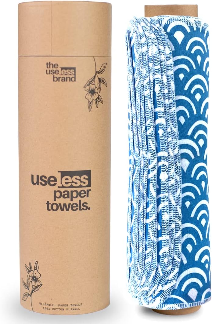 The Useless Brand Reusable Paper Towels Roll | 12 Eco Friendly Washable Cotton Flannel Towels w/Cardboard Roll | Zero Waste & Sustainable | Fits on Most Holders (Waves, 12 Pack)