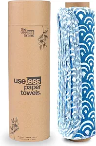 Reusable Paper Towels Roll | Washable Cotton Flannel Sheets w/Cardboard Roll | Fits on Most Holders (Waves, 12 Towels)