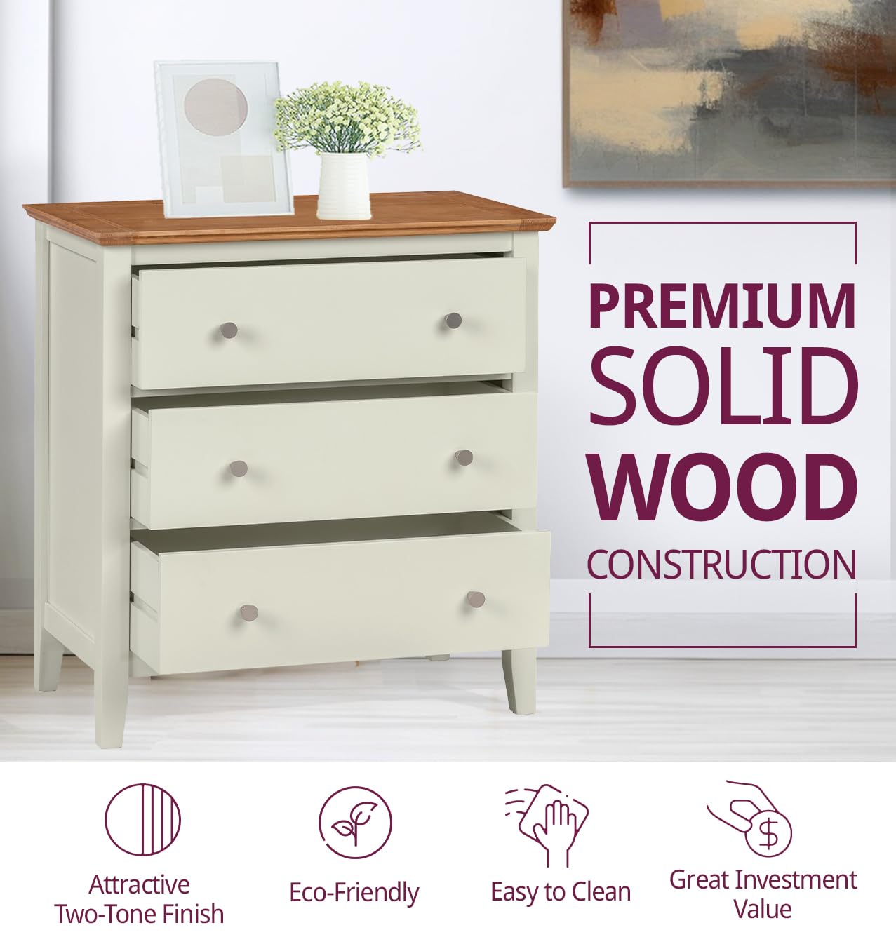 Hallowood Furniture Clifton Oak Small Chest of Drawers, Green Off White Chest of Drawers, Light Oak Top Wooden Chest of Drawers for Living Room, Small Dresser, Bedroom Chest of... - Image 5