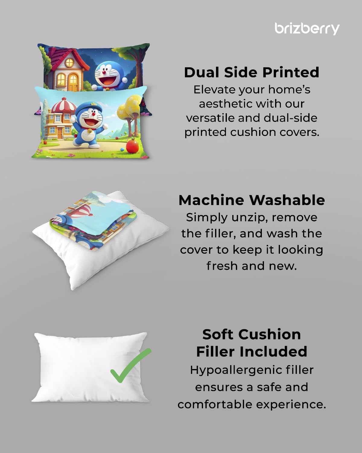 Brizberry® Kids Pillow Cushion with Super Soft Fabric | Animal & Cartoon Prints | 12x18 inches (Design 29) - Image 3 thumbnail