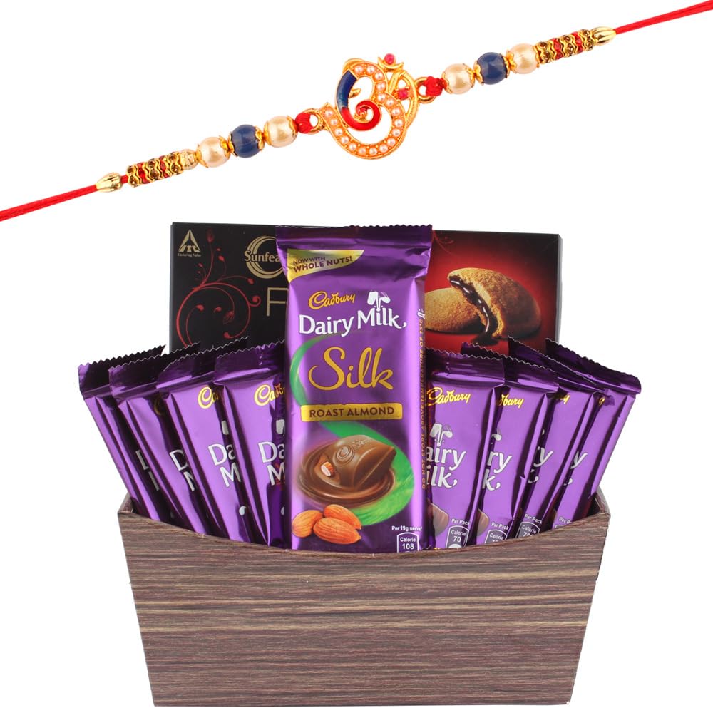 SFU E Com Creamy Dairy Milk Silk With Chocolaty Dark Fantasy | Rakhi Chocolate Gift Hamper with Premium OM Ganesh ji Rakhi for Brother | Roli, Chawal, Chandan, Misri | 879-image-29