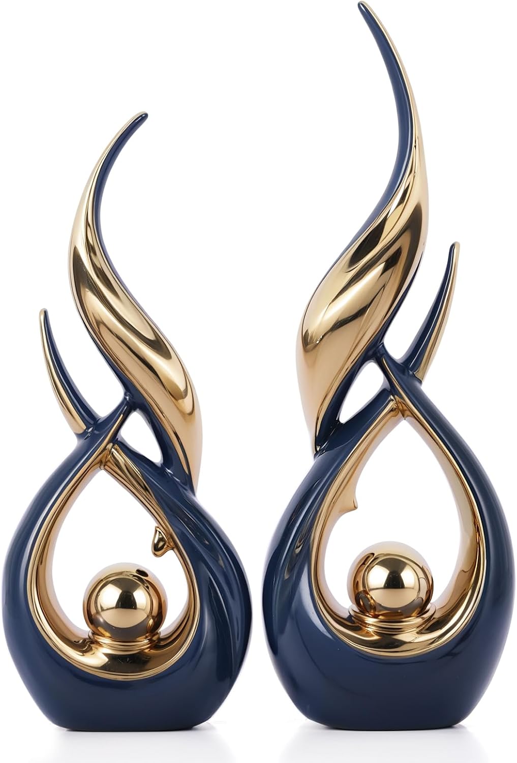 2 PCS Blue Gold Ceramic Statues For Home Decor Accents, Modern Abstract Art Sculptures, Elegant Tabletop Decorative Objects For Dining Room, Entryway, Tv Stand, Mantel, Coffee Table Centerpieces