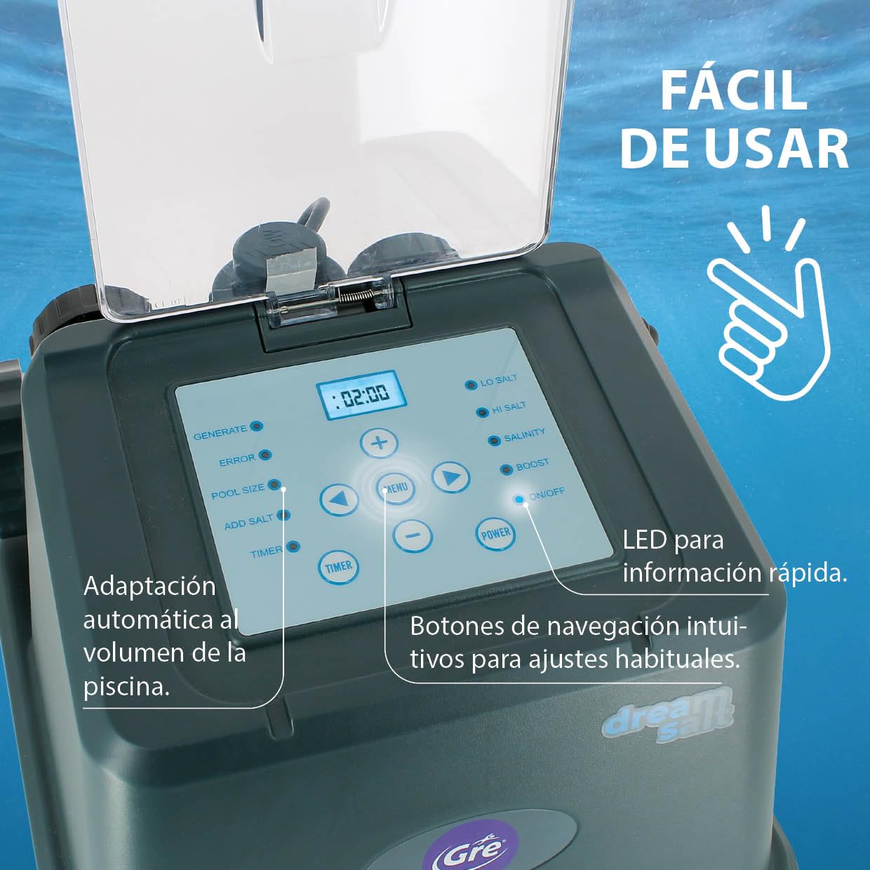 Gre - GSS50 Salino Dream Salt para Piscinas Elevadas hasta 50 m³ con Pantalla LED, Generador de Cloro 10 g/h, Electrodo Autolimpiante, IPX4, Temporizador e Interruptor de Flujo