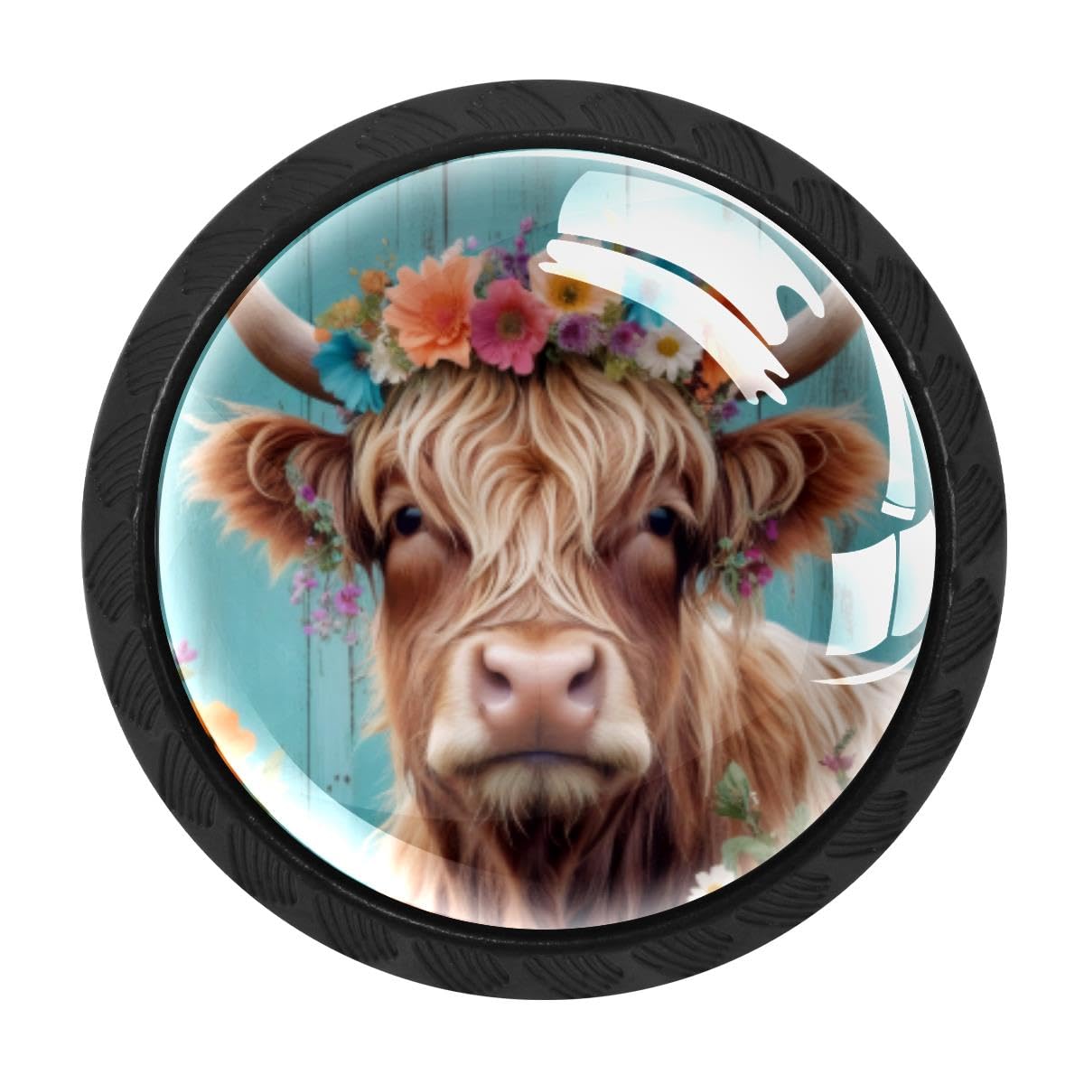 HEOEH 4 PCS Cabinet Knobs, Highland Cow Floral Drawer Knobs Dresser Handles