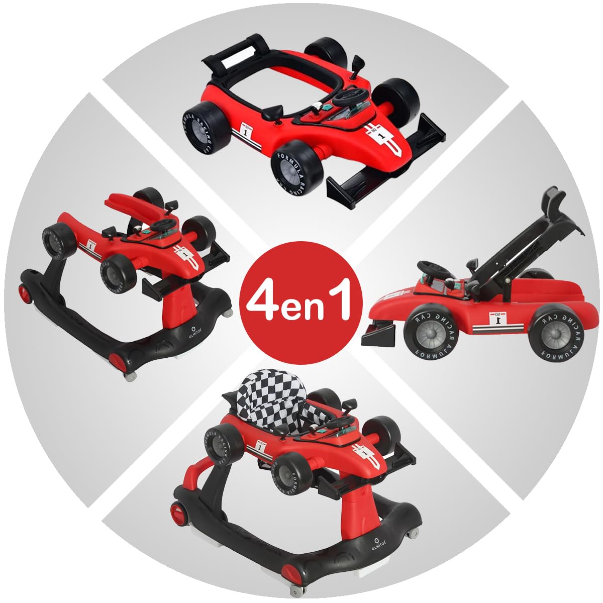 Olmitos - Andador bebé 3 en 1 RACING: Correpasillos y Carrito de Empuje para bebés primeros pasos – a partir de 6 meses para aprendizaje – previene caídas con comodidad y seguridad base antivuelco