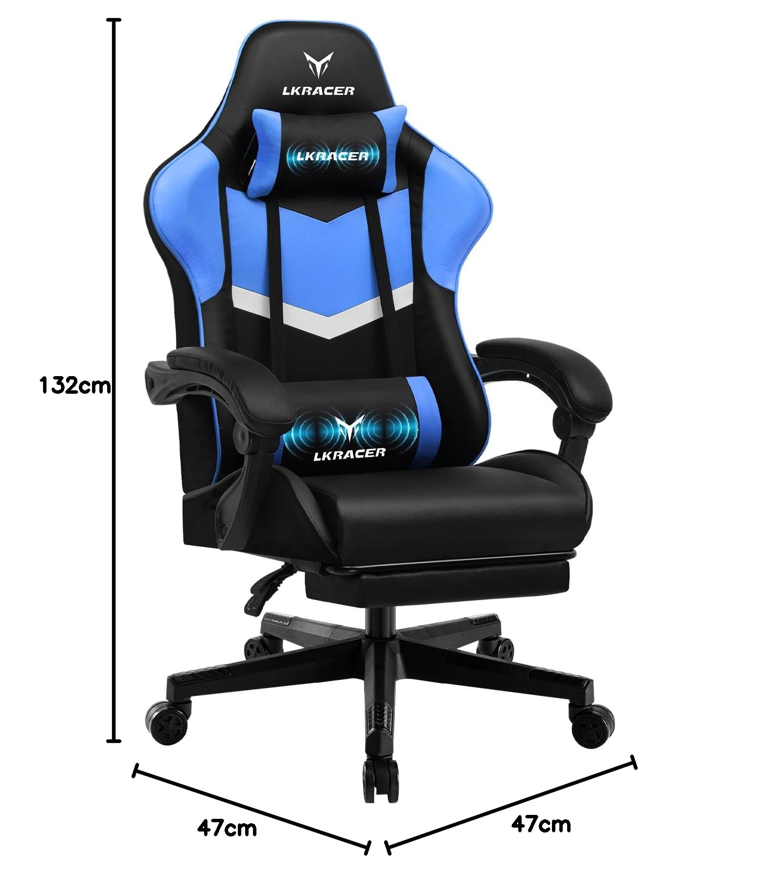 LUCKRACER Fotel gamingowy z podnóżkiem, ergonomiczny, z regulowaną poduszką lędźwiową, poduszka pod głowę, fotel gamingowy, z regulacją wysokości, obciążenie 150 kg, kolor niebieski