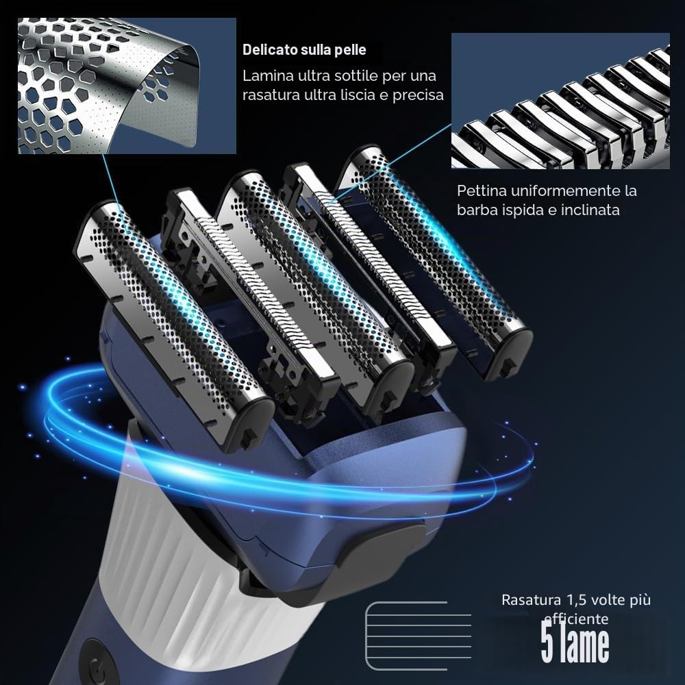 Amurhey Rasoio Elettrico Barba con 5 Lame Pro, Rasoio Elettrico Wet & Dry 100 Minuti Di Autonomia, Rasoio Barba con Trimmer pop-up e Custodia da Viaggio, Ricaricabile, Regalo uomo