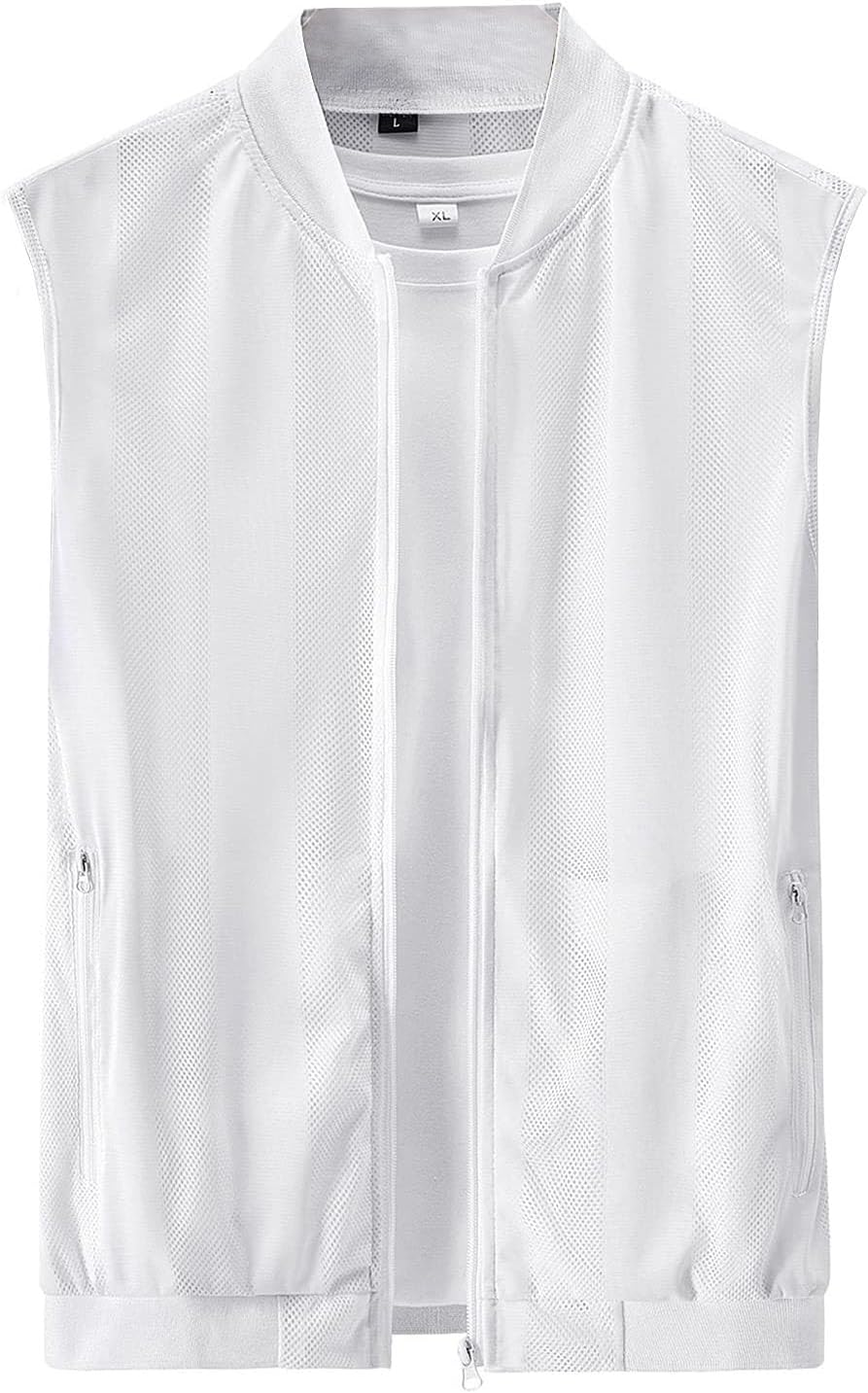 Flygo Men's Summer Casual Collared Lightweight Breathable Mesh Cycling Travel Zip Vest (White,Large)