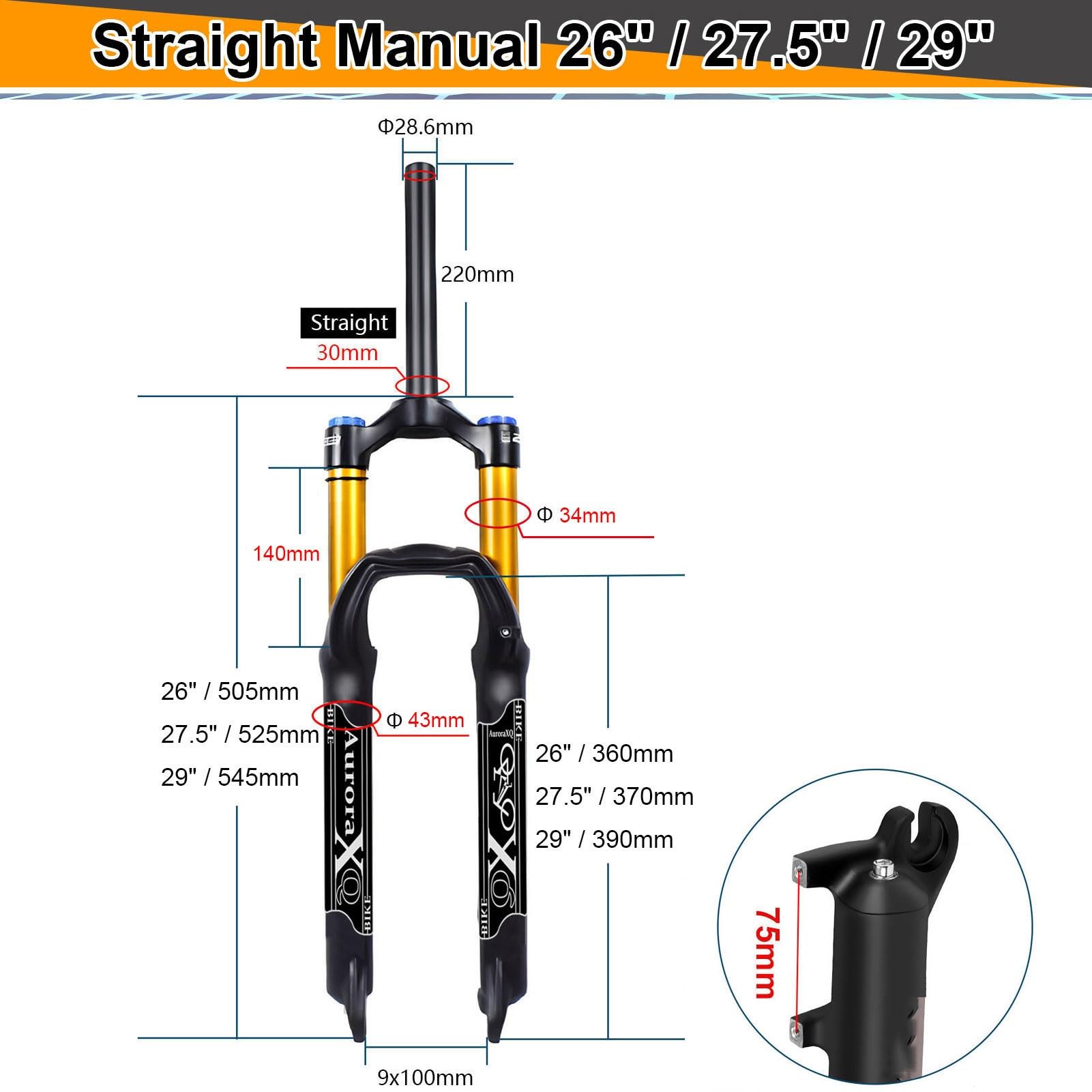 Forcella Anteriore per Mountain Bike AuroraXQ 26 27.5 29 Pollici in Lega di magnesio, Escursione 140 mm, con Freno a Disco Dritto/Conico.