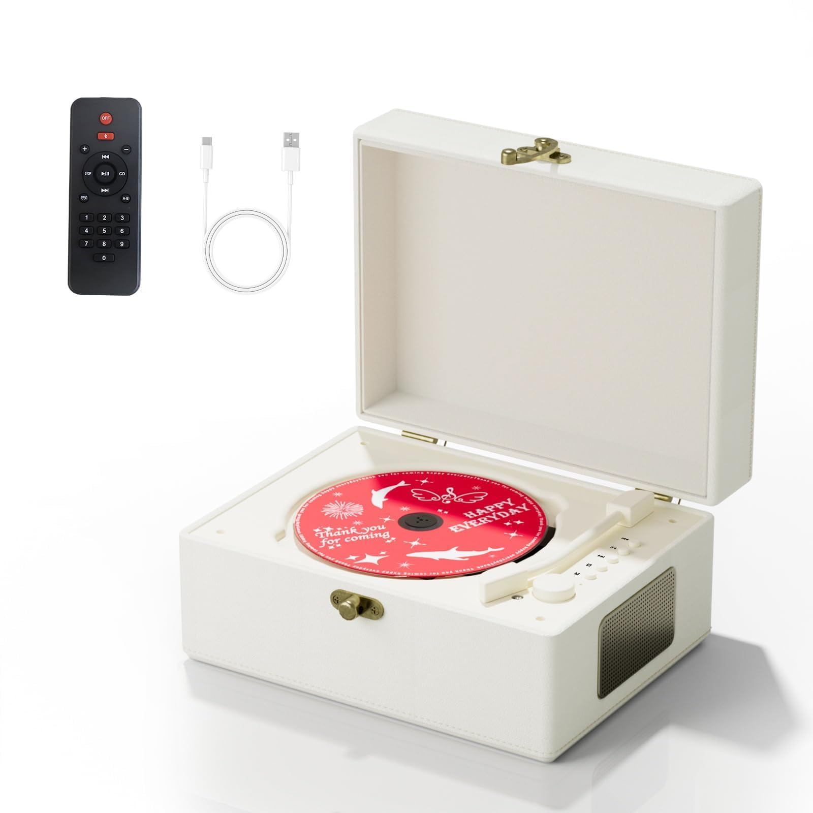 Photo 1 of Yintiny Rechargeable Leather CD Player with Speakers, Bluetooth Transmitter, Festival Gift, BGM Player for Home Decor., White