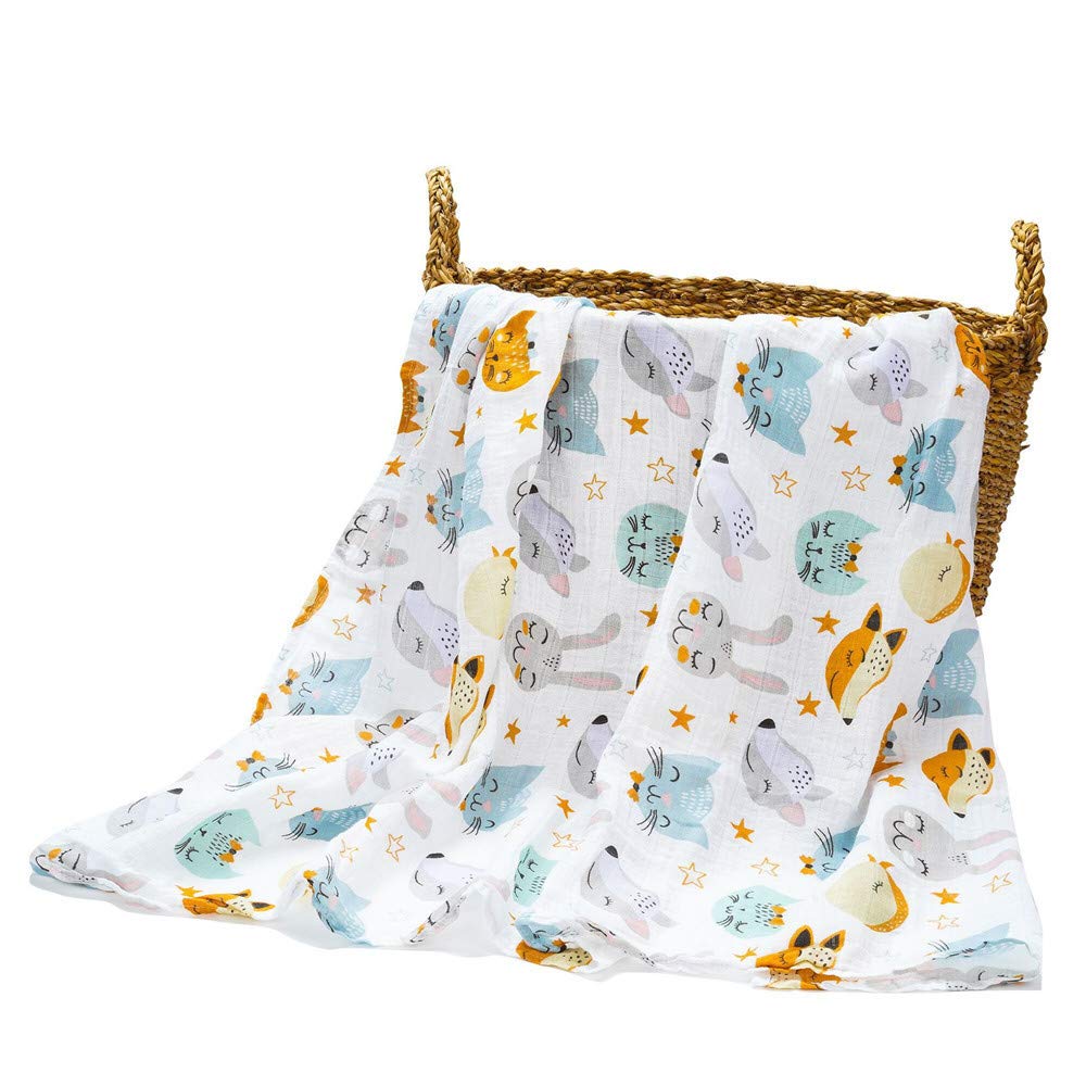 Muslin Swaddle Cloths for baby,Chickwin Organic 100% Cotton Extra Soft Boys or Girls Printed Design Large Square Cloths Wash Cloth Blanket for Sensitive Skin Baby (120 * 120cm,blue)
