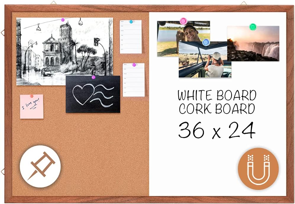 Cork Board White Board Combo, Wooden Frame 36 x 24 inches