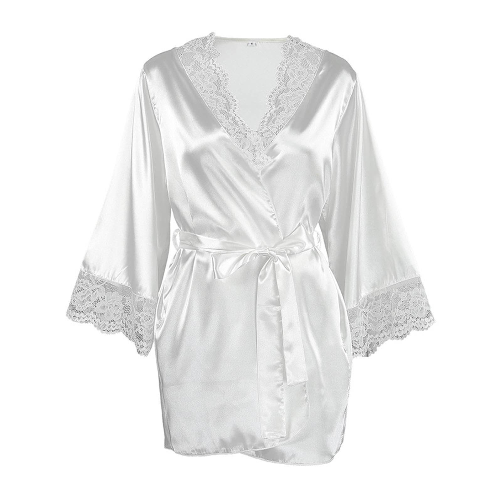 Albornoz tipo kimono con ribete de encaje y cuello en V de satén for mujer