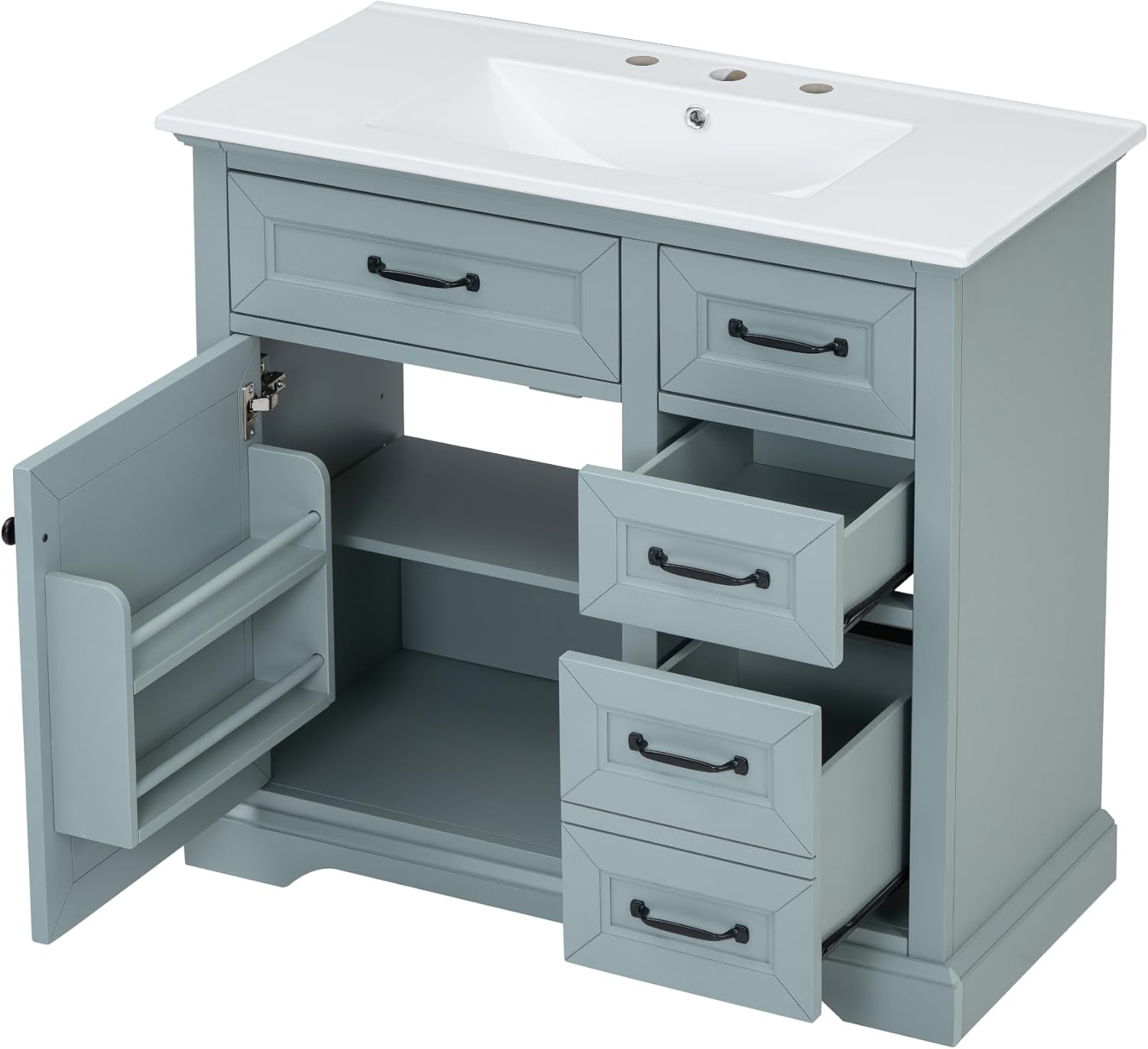 Merax 36" Bathroom Vanities Cabinet with Ceramic Sink Set Combo, Tip-Out Drawers, Storage Organizer Door Shelf, Soft-Closing Door, Gray