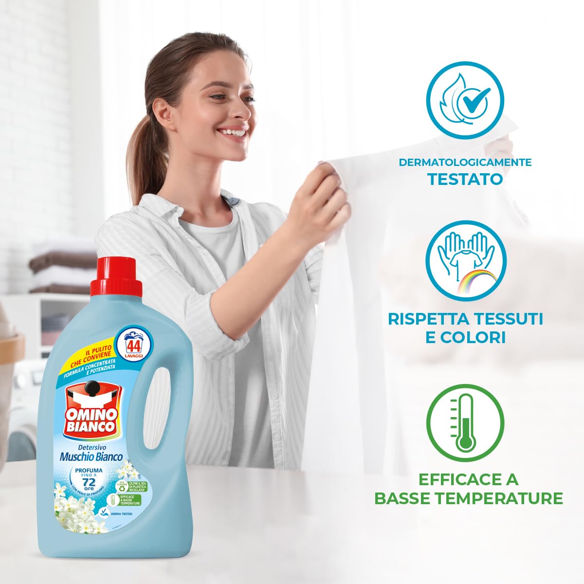 Omino Bianco - Detergente líquido para lavadora, 360 lavados, respeta colores y tejidos, perfume fresco con esencia de almizcle blanco, 2400 ml x 6 paquetes