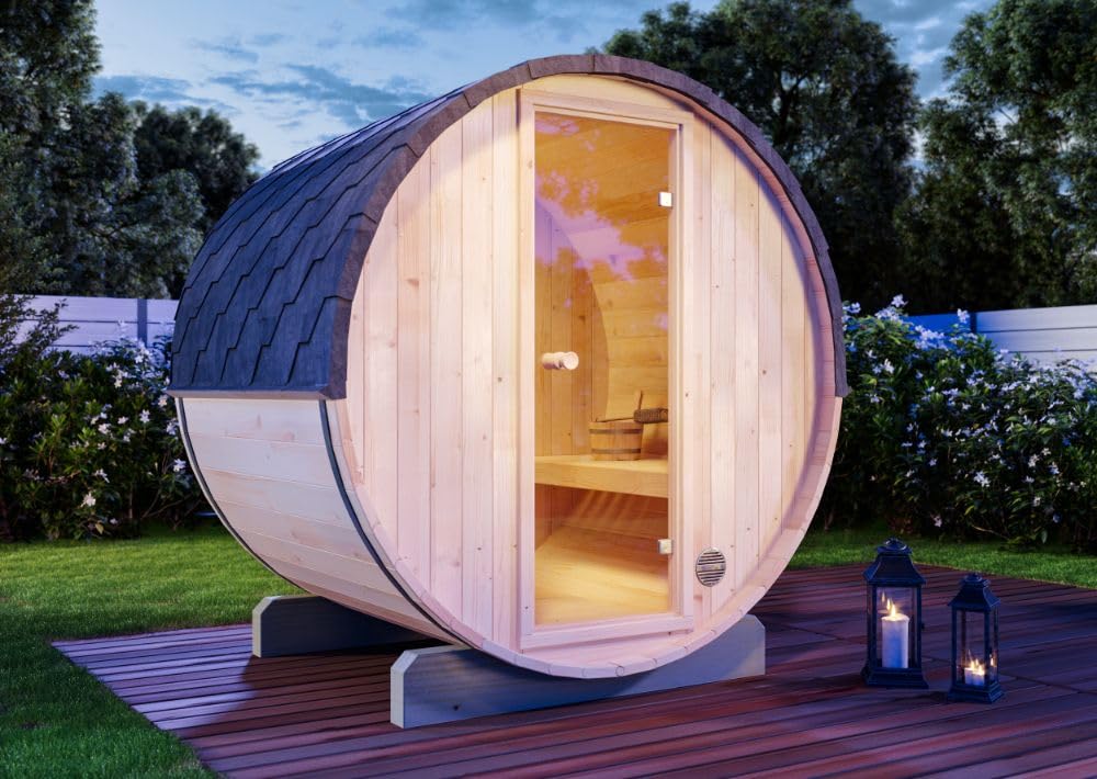 FinnTherm Fass-Sauna Mini XS | Outdoor Gartensauna 194 x 160 x 194 cm